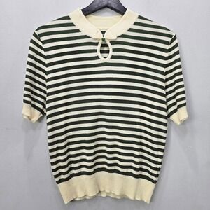 Knit Top L Short Sleeve Cream Green Mandarin Collar Button Detail Retro Academia